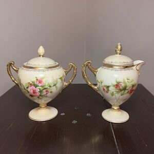 Antique RS Prussia Red Mark Cherub Roses Footed Creamer & Sugar Bowl Set EUC